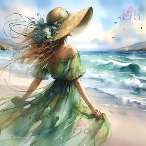 20 imágenes prediseñadas de chica en la playa con acuarela, diario basura, manualidades de papel, scrapbooking, arte mural, creación de tarjetas, descarga digital, uso comercial