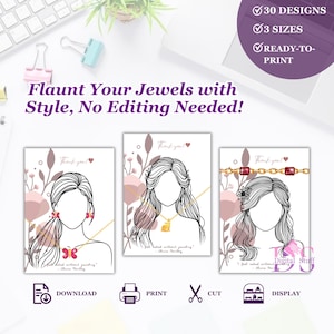 Ready To Print Line Art  Woman Jewelry Display Card, Set of 30 Canva Template, Earring Tag, Bracelet Card, Necklace Packaging Tag