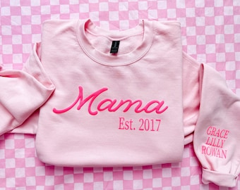 Mama Sweatshirt with Kids Names, Pink Mama Sweatshirt, Personalized Puff Print, Girl Mama Sweatshirt, Christmas Gift for Mom