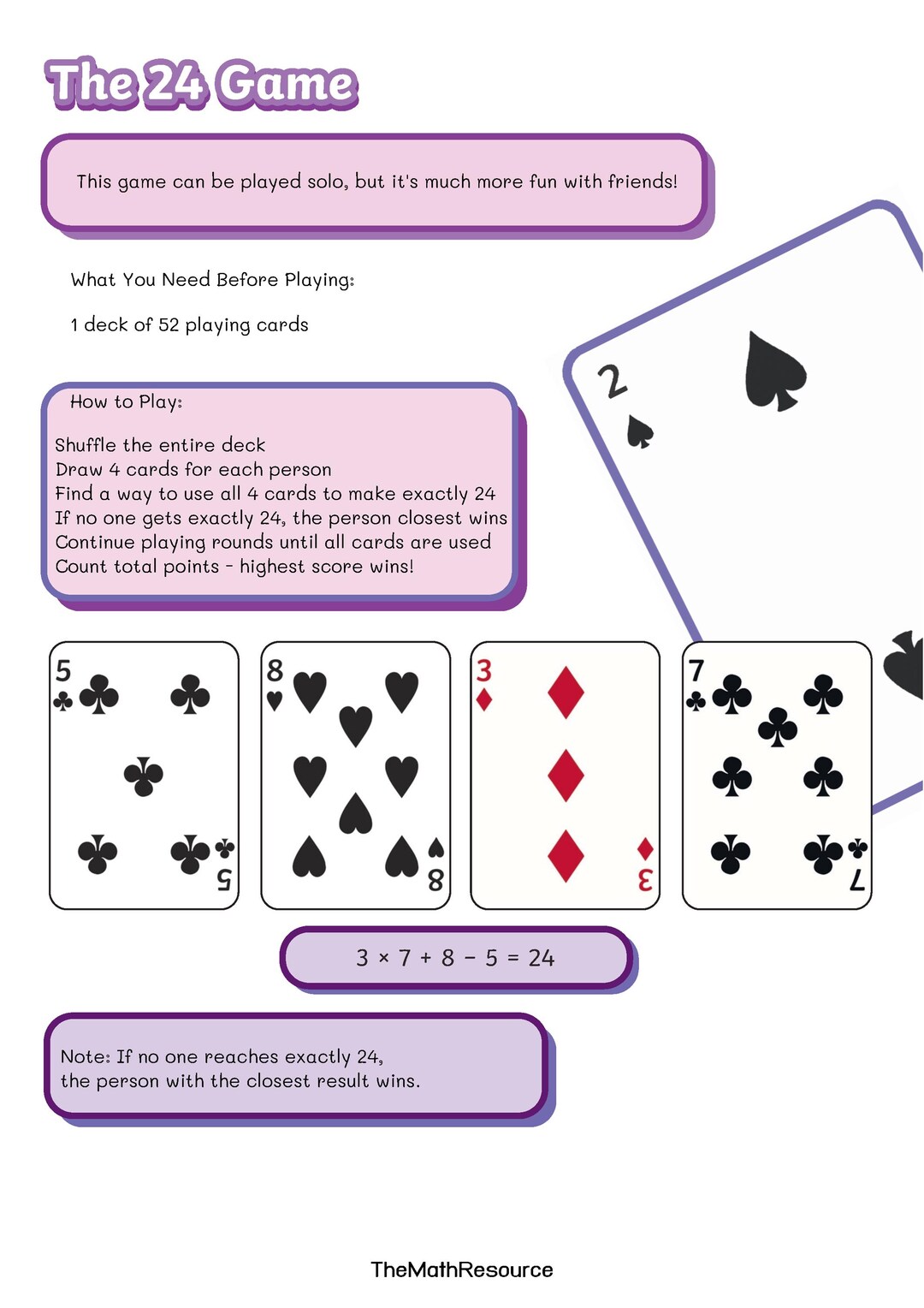 24 Math Game Cards: Printable Educational Card Game (PDF) - Etsy