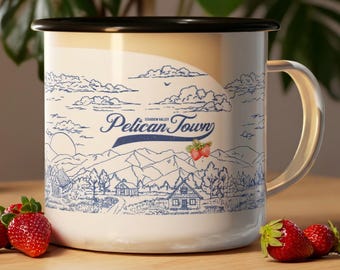 Stardew Valley Pelican Town Camp mok vintage design gepersonaliseerde optie gezellige gamer cadeau merchandise aardbei accent