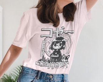 Cozy Gamer Shirt Cute Anime Girl & Dog Design Cozy Oversized Tee Aesthetic Gaming Apparel  Kawaii Japanese Style Gift for Gamers