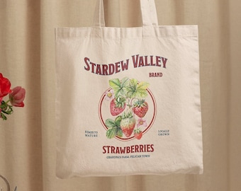 Stardew Valley Tote Bag, Trendy Gaming Gift, Cozy Gamer, Pelican Town, Strawberry Fruit Bag, Stardew Merch, Canvas