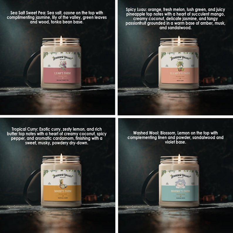 May include: Four glass jar candles with lit wicks. Each candle has a label with the "Stardew Valley Brand" logo and a unique scent name: Sea Salt Sweet Pea, Spicy Luau, Tropical Curry, and Washed Wool. The candles are on a dark surface.