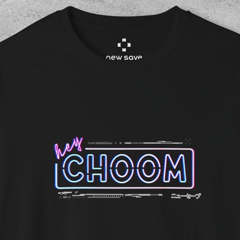 A black Cyberpunk 2077 Hey Choom Unisex Oversized T-Shirt by New Save.