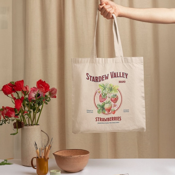 Stardew Valley Tote Bag, Trendy Gaming Gift, Cozy Gamer, Pelican Town, Strawberry Fruit Bag, Stardew Merch, Canvas