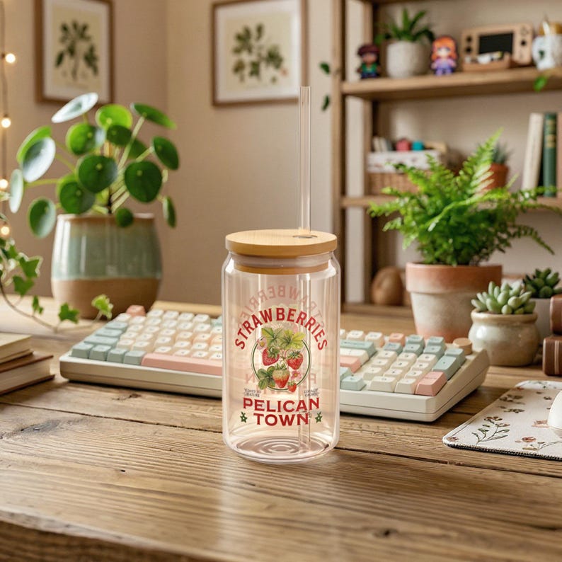 Cozy desk scene featuring a Stardew Valley inspired glass cup with a bamboo lid and straw, decorated with "Strawberries Pelican Town" artwork, set on a wooden table with a pastel mechanical keyboard, houseplants, and warm ambient lighting.