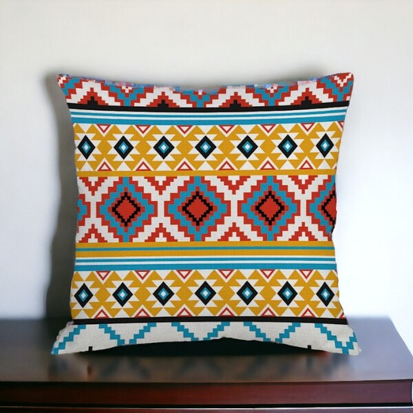 Title: Geometric Tapestry One Sided Cushion | Kilim Style Fabric Cushion Cover | Boho Mandala Floral Pattern Cover | Sofa Throw Pillow Cover