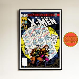 Puede incluir: Portada enmarcada del cómic "The Uncanny X-Men" #141, con Wolverine y otro personaje en acción. La portada es vibrante con un fondo amarillo y azul, y el cómic está en un marco negro.