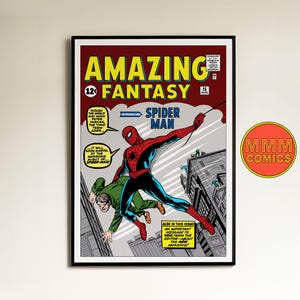 Puede incluir: Una portada de cómic vintage con Spider-Man en un traje rojo y azul, balanceándose por una ciudad. La portada se titula "Amazing Fantasy" con el número 15 y la fecha de agosto de 1962. El texto "Introducing Spider-Man" también aparece en la portada.
