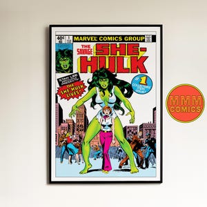 May include: A comic book cover featuring a green She-Hulk character with a woman in a pink dress standing in front of her. The cover is titled "The Savage She-Hulk" and is issue number 1. The text "Collectors Item Issue!" is also on the cover.