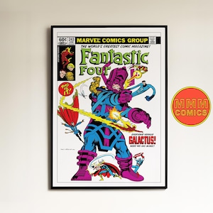Puede incluir: Portada de cómic enmarcada de Fantastic Four contra Galactus. La obra de arte es vibrante, con colores brillantes y poses dinámicas. El texto incluye "Everyone Versus Galactus!" y "Marvel Comics Group".