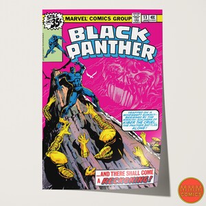 May include: A vintage comic book cover featuring Black Panther in a black suit with a purple cape, fighting against a group of enemies on a mountaintop. The cover is pink and features the text "Black Panther" in a bold, white font. The text "...And there shall come a reckoning!" is also featured on the cover.