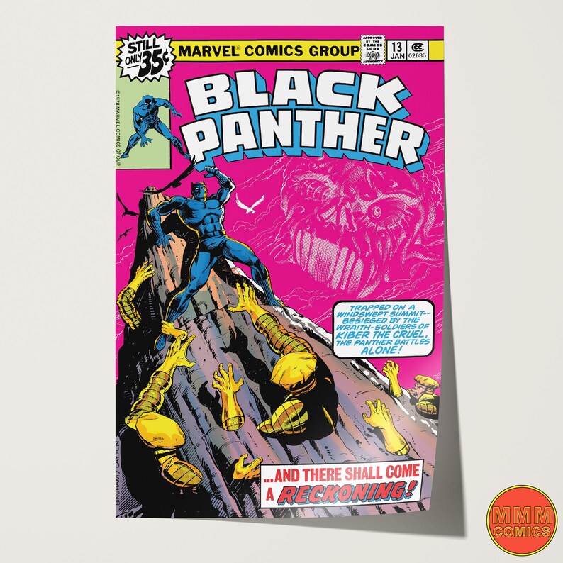 May include: A vintage comic book cover featuring Black Panther in a black suit with a purple cape, fighting against a group of enemies on a mountaintop. The cover is pink and features the text "Black Panther" in a bold, white font. The text "...And there shall come a reckoning!" is also featured on the cover.