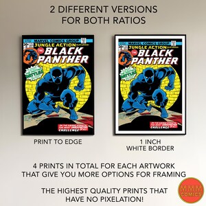 May include: Two versions of a Black Panther comic book cover. The cover features a black panther in a fighting pose. The text on the cover reads "Jungle Action Featuring The Black Panther". The left image shows the comic book cover printed to the edge of the paper. The right image shows the comic book cover printed with a 1 inch white border.