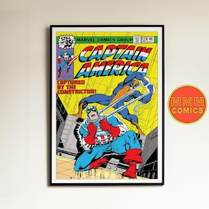 May include: A vintage comic book cover featuring Captain America, a superhero in a red, white, and blue costume, captured by the Constrictor. The cover is yellow with black and white details. The text on the cover reads "Captain America" and "Captured by the Constrictor!"