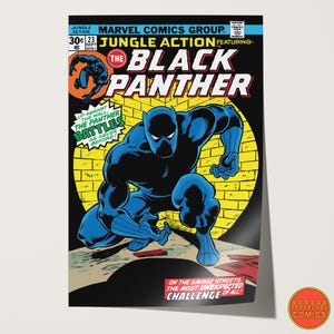 May include: A comic book cover featuring the Black Panther in a black suit with a yellow background. The text on the cover reads "Jungle Action Featuring: The Black Panther".