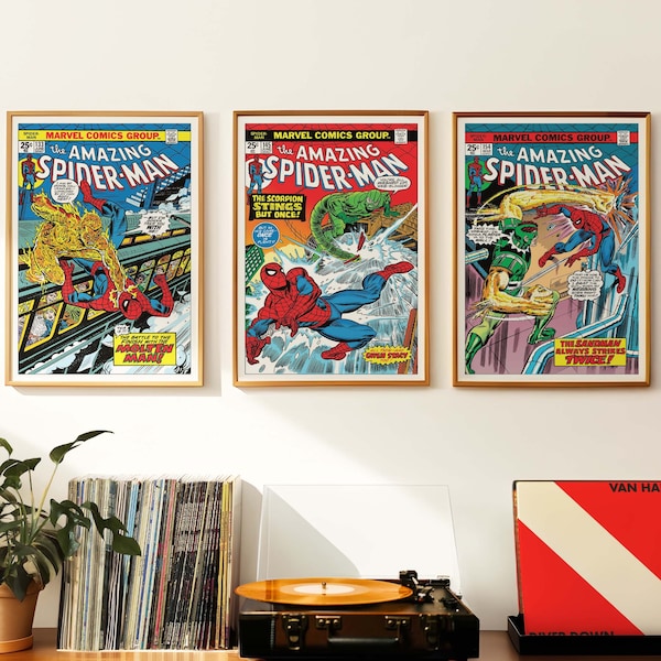 Spider-Man kunst aan de muur | Marvel komische afdrukken x 3 | Digitale download | Vintage retro-poster uit de jaren 70 | A1 2:3 verhouding | superhelden | cadeau | #SMCC007