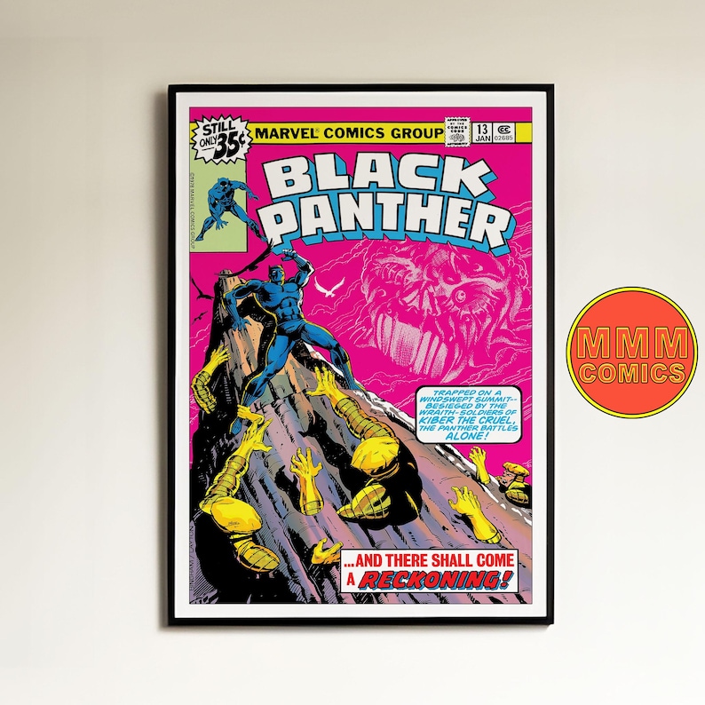 May include: A vintage comic book cover featuring Black Panther in a blue suit, fighting against a monstrous creature with a pink background. The cover text reads "Black Panther" and "...And there shall come a reckoning!"