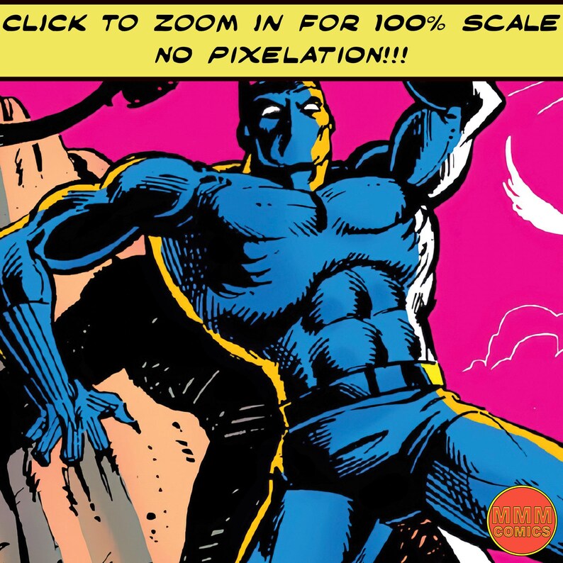May include: A blue and yellow comic book character with a white mask, standing with one arm raised. The background is pink with white clouds. The text "MMM COMICS" is in the lower right corner.