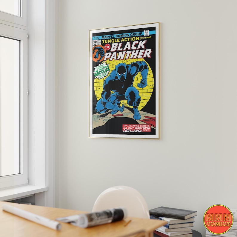 May include: A framed comic book cover featuring the Black Panther in a black suit with a yellow background. The title of the comic is "Jungle Action" and the text "The Most Unexpected Challenge of All" is at the bottom of the cover.