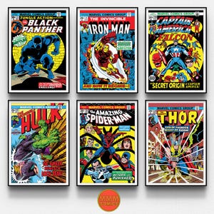 Könnte beinhalten: Ein Set aus sechs Vintage-Comic-Covern mit Marvel-Charakteren. Die Cover sind gerahmt und zeigen die folgenden Charaktere: Black Panther, Iron Man, Captain America und Falcon, Hulk, Spider-Man und Thor.