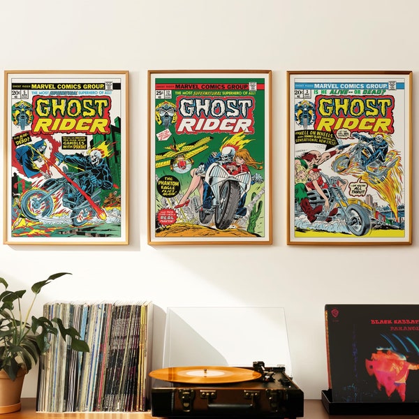 Ghost Rider Wall Art | Marvel Comic Print x 3 | Digital Download | Vintage 1970s retro poster | A1 2:3 ratio | superheroes | gift | #GRCC005