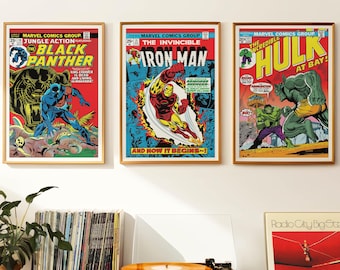1974 Marvel Wall Art | Digital Download | Comic cover x 3 | Vintage retro art poster | A1 & 2:3 ratio | Iron Man | Hulk | gift | 1970s | MCU