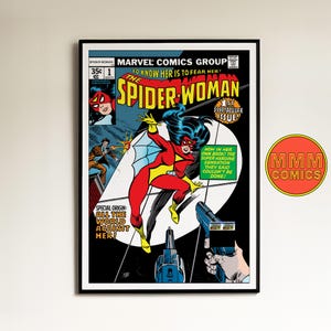 May include: A comic book cover featuring Spider-Woman in a red and yellow costume, with the text "The Spider-Woman" and "To know her is to fear her!"  The cover also includes the text "Special Origin: All the world against her!"
