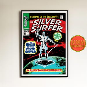 May include: A vintage comic book cover featuring the Silver Surfer, a silver humanoid character with a surfboard, standing on a planet. The cover is red, black, and white with the title "The Silver Surfer" in large, bold letters. The text "Sentinel of the Spaceways!" is at the top of the cover, and "The Origin of the Silver Surfer!" is in a box at the bottom left. The comic book is from Marvel Comics Group and is issue number 1, August 1968.