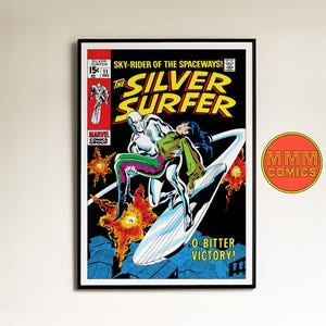 May include: A comic book cover featuring The Silver Surfer, a silver humanoid character, riding a surfboard through space. The cover is titled "The Silver Surfer" and features the text "Sky-Rider of the Spaceways!" and "O, Bitter Victory!" in a black and yellow color scheme.