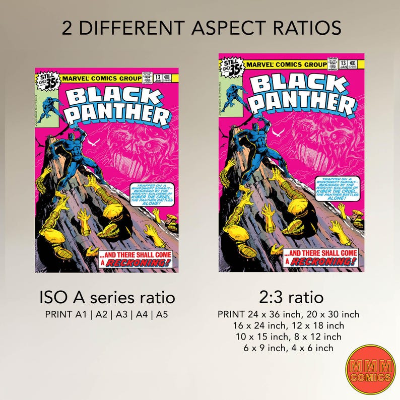 May include: Two comic book covers of Black Panther, one in a standard ISO A series ratio and the other in a 2:3 ratio. The covers feature a black panther character in a jungle setting with a pink background. The text on the covers reads "Black Panther" and "...And there shall come a reckoning!"