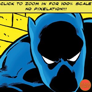 May include: A close-up of a blue and black comic book character with a serious expression. The character is wearing a mask and has a white outline around the eyes. The background is yellow and black.