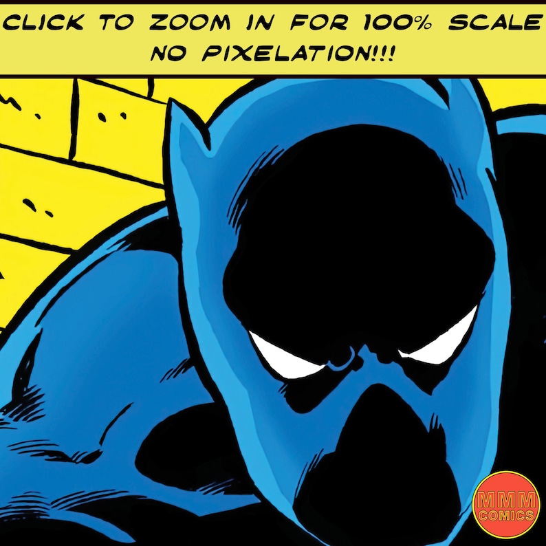 May include: A close-up of a blue and black comic book character with a serious expression. The character is wearing a mask and has a white outline around the eyes. The background is yellow and black.