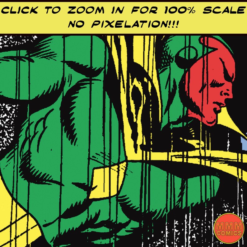 May include: Comic book panel featuring a green figure with a red face and yellow accents. The text "CLICK TO ZOOM IN FOR 100% SCALE NO PIXELATION!!!" is at the top. The image has a vintage comic book style.