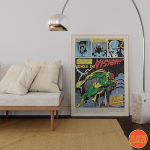 May include: A framed comic book page featuring the character Vision. The artwork showcases Vision in flight, with a green and yellow costume. The text "BEHOLD THE VISION!" is prominently displayed, with additional panels above.