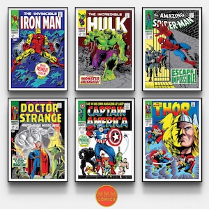 May include: A set of six vintage comic book covers featuring Marvel superheroes: Iron Man, Hulk, Spider-Man, Doctor Strange, Captain America, and Thor. The covers are in a colourful style with red, blue, green, yellow, and black colours.