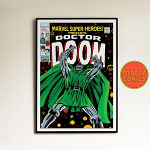 May include: A vintage comic book cover featuring Doctor Doom, a Marvel Comics supervillain. The cover is black with a large image of Doctor Doom in his iconic green and silver armour, with his arms raised in a triumphant pose. The title "Doctor Doom" is written in large, white letters across the top of the cover. The comic book is from May 1970 and is part of the Marvel Super-Heroes series.