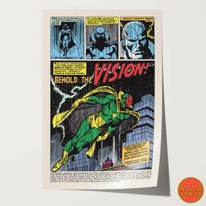 May include: A vintage comic book page featuring panels with illustrations and text. The main image shows a green and yellow superhero, with the word "VISION!" in large letters. The comic is from the Avengers series.