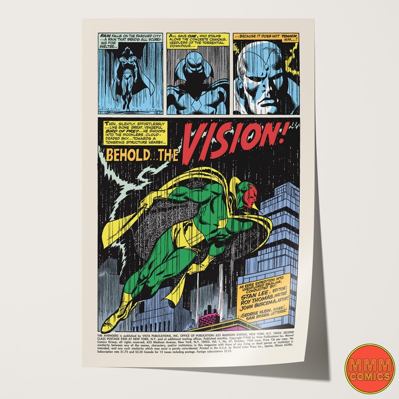 May include: A vintage comic book page featuring panels with illustrations and text. The main image shows a green and yellow superhero, with the word "VISION!" in large letters. The comic is from the Avengers series.