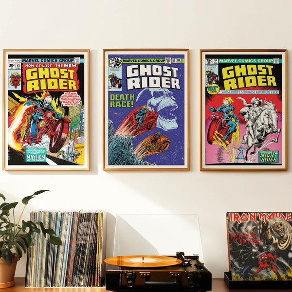 Ghost Rider Wall Art | Marvel Comic Print x 3 | Digital Download | Vintage 1970s retro poster | A1 2:3 ratio | superheroes | gift | #GRCC004