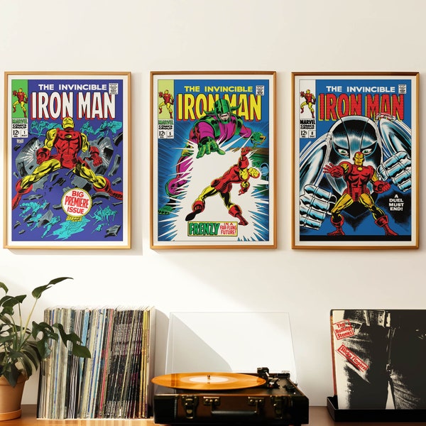 Iron Man Wall Art | Marvel Comic Print x 3 | Digital Download | Vintage 1960s retro poster | A1 2:3 ratio | superheroes | gift | #IMCC003