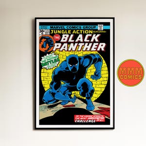 May include: A vintage comic book cover featuring the Black Panther in a black suit, leaping through the air. The cover is yellow, orange, and black with the title "Jungle Action" and "The Black Panther" in large, bold letters.