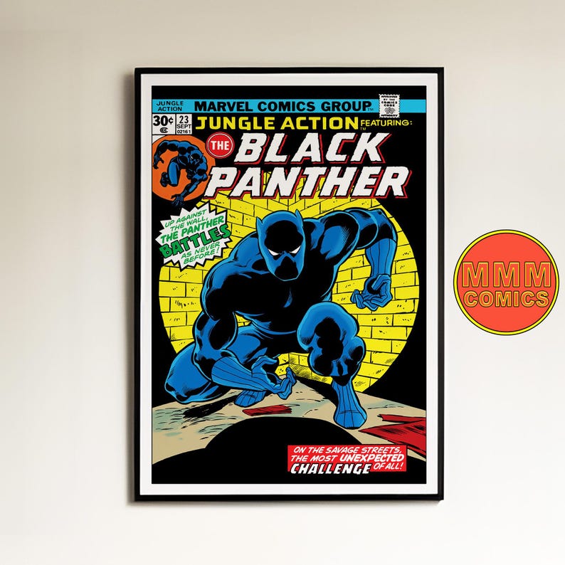 May include: A vintage comic book cover featuring the Black Panther in a black suit, leaping through the air. The cover is yellow, orange, and black with the title "Jungle Action" and "The Black Panther" in large, bold letters.