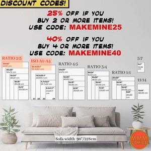 May include: A promotional image with text offering discounts on art prints. The image displays various print sizes and ratios, including 24x36 inches, 20x30 inches, and ISO A1-A4 sizes. A sofa is in the foreground.