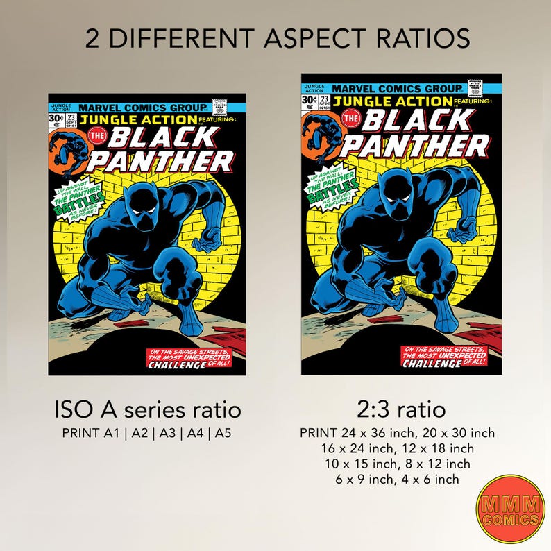 May include: Two comic book covers featuring the Black Panther. The covers are from Marvel Comics' Jungle Action series. The left cover is a close-up of the Black Panther in a fighting pose. The right cover is a wider shot of the Black Panther in a similar pose. Both covers feature the text "Jungle Action" and "Black Panther".
