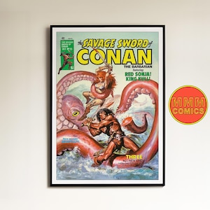 May include: A vintage comic book cover featuring Conan the Barbarian fighting a giant octopus. The cover is red, pink, and blue with the title "The Savage Sword of Conan" and the text "featuring: Red Sonja! King Kull!"