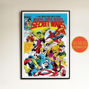 May include: A vintage comic book cover featuring Marvel Super Heroes Secret Wars #1. The cover features a colourful illustration of various superheroes, including Spider-Man, Hulk, Captain America, and Wolverine. The text "Marvel Super Heroes Secret Wars" is printed in bold letters at the top of the cover.