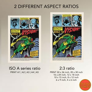 May include: Two comic book prints showcasing different aspect ratios. The prints feature a comic book panel with the text "BEHOLD THE VISION!" and an illustration of the Vision superhero. The prints are labeled with size options in inches.