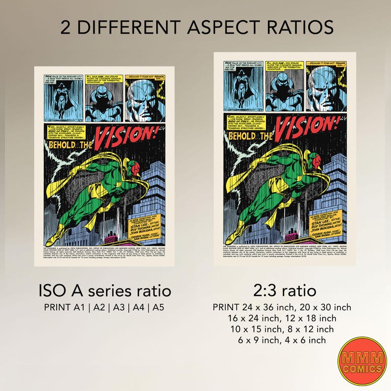 May include: Two comic book prints showcasing different aspect ratios. The prints feature a comic book panel with the text "BEHOLD THE VISION!" and an illustration of the Vision superhero. The prints are labeled with size options in inches.